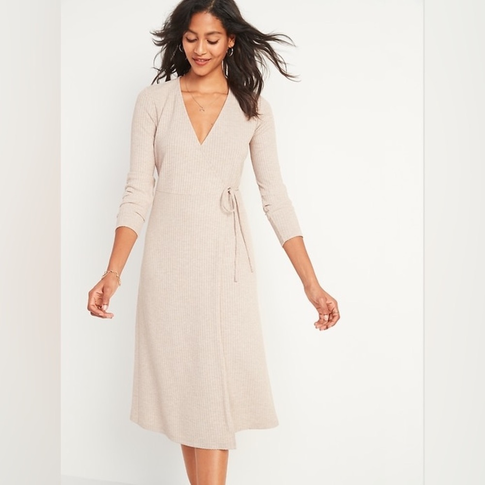 Old Navy Beige Ribbed Midi Wrap Dress